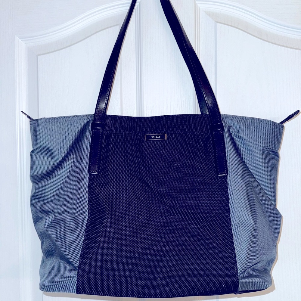 Tumi Two Tone Black and Gray Tote Bag with Modern Design Leather Straps